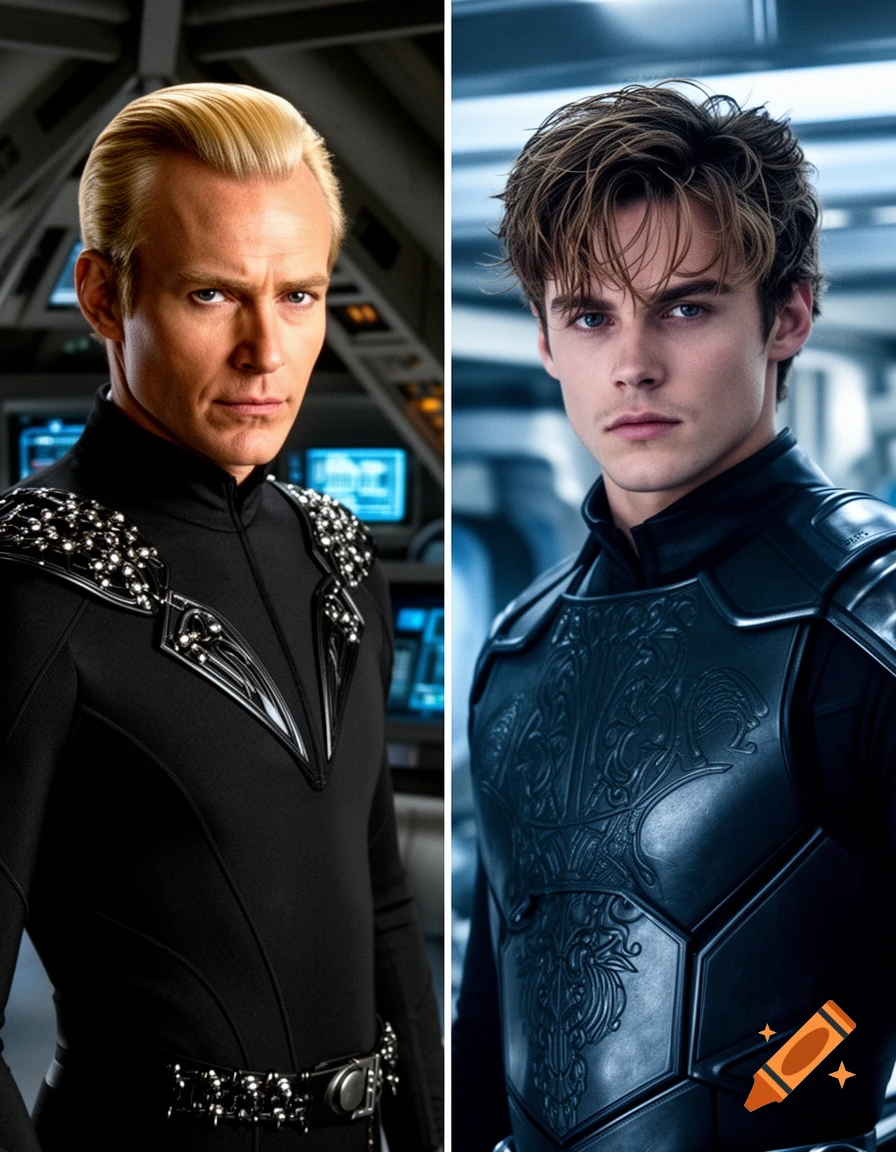 Two men in sci-fi attire side-by-side: a blonde man in a black suit with studded shoulders and a brown-haired man in dark, ornate armor.