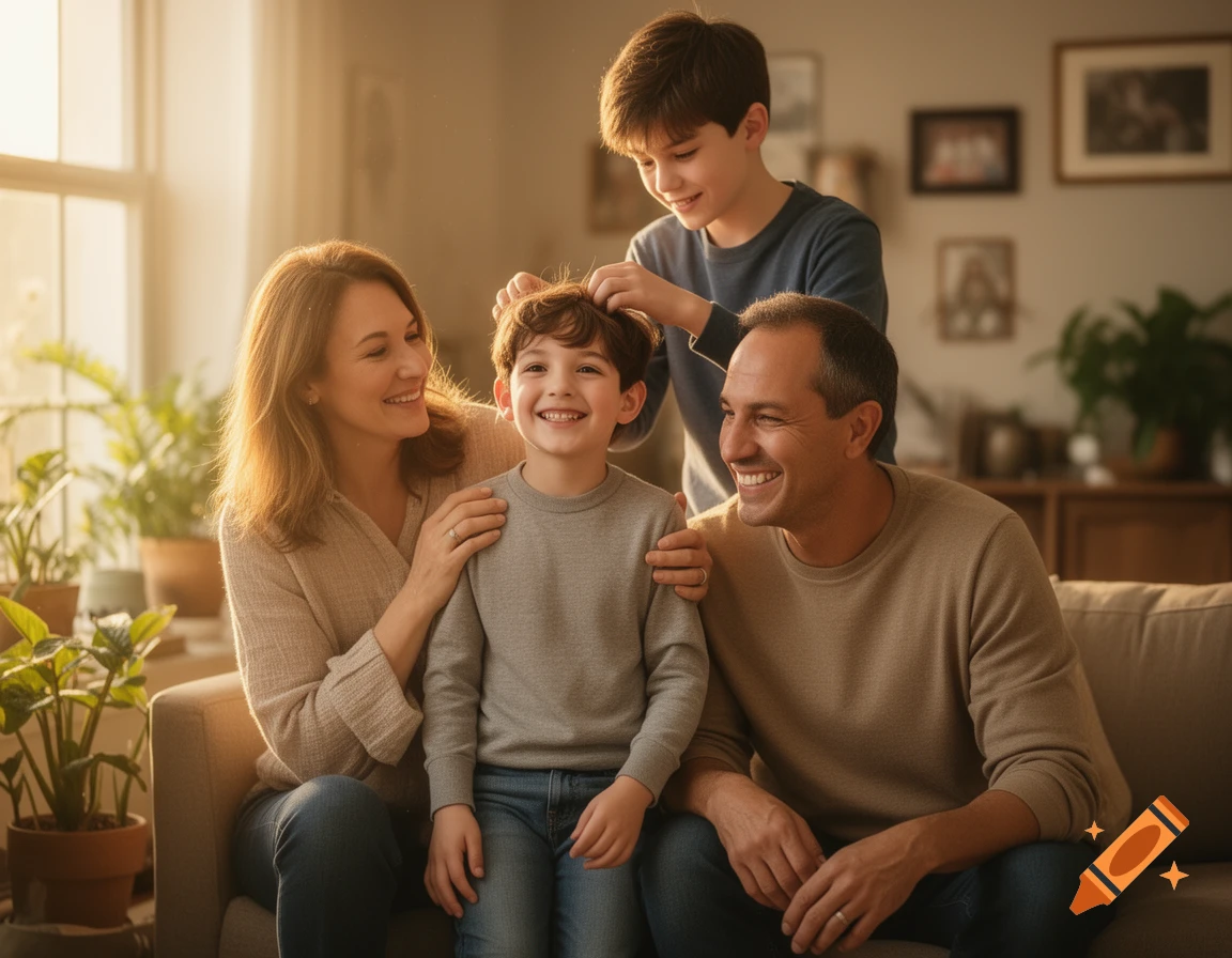 A happy family, a mother, father, and two sons, smiling on a sofa in a warm, sunlit living room. The older son playfully touches the younger son's head.