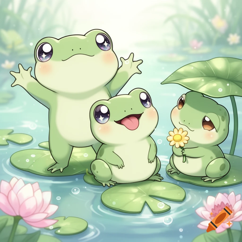 Three cute chibi frogs on lily pads in a pond, one standing, one sticking out its tongue, and one holding a flower.