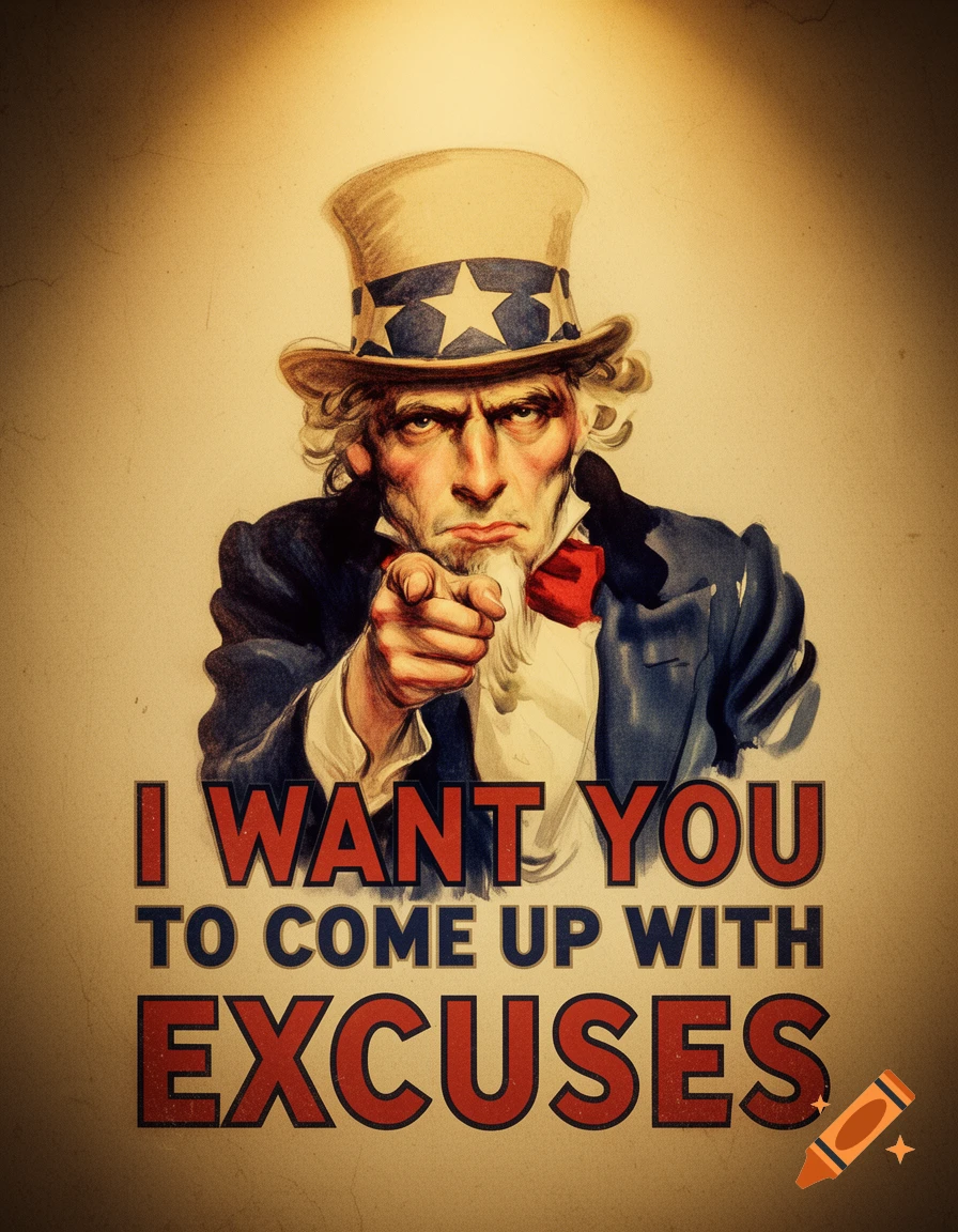 Vintage-style poster of Uncle Sam pointing, with the text 'I WANT YOU TO COME UP WITH EXCUSES'.