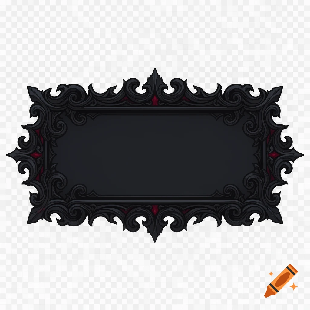 An ornate dark fantasy rectangular frame with intricate black and red gothic carvings, on a transparent background.