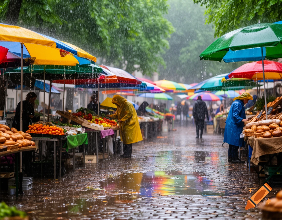 A photorealistic image of a rainy artisan and farmer's market with colorful umbrellas, people in raincoats, and market stalls.