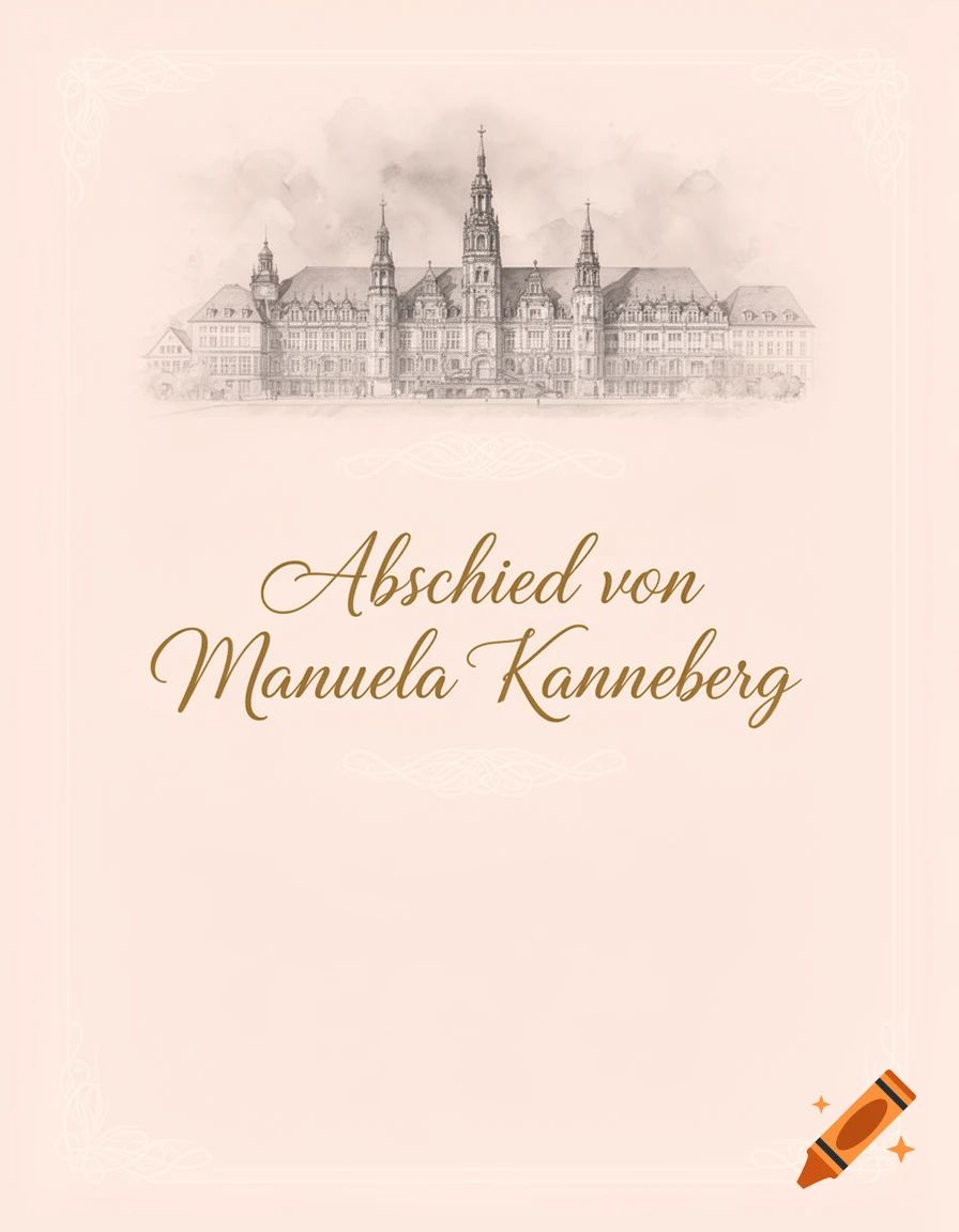 Pink poster with a watercolor architectural drawing and golden script text 'Abschied von Manuela Kanneberg'.