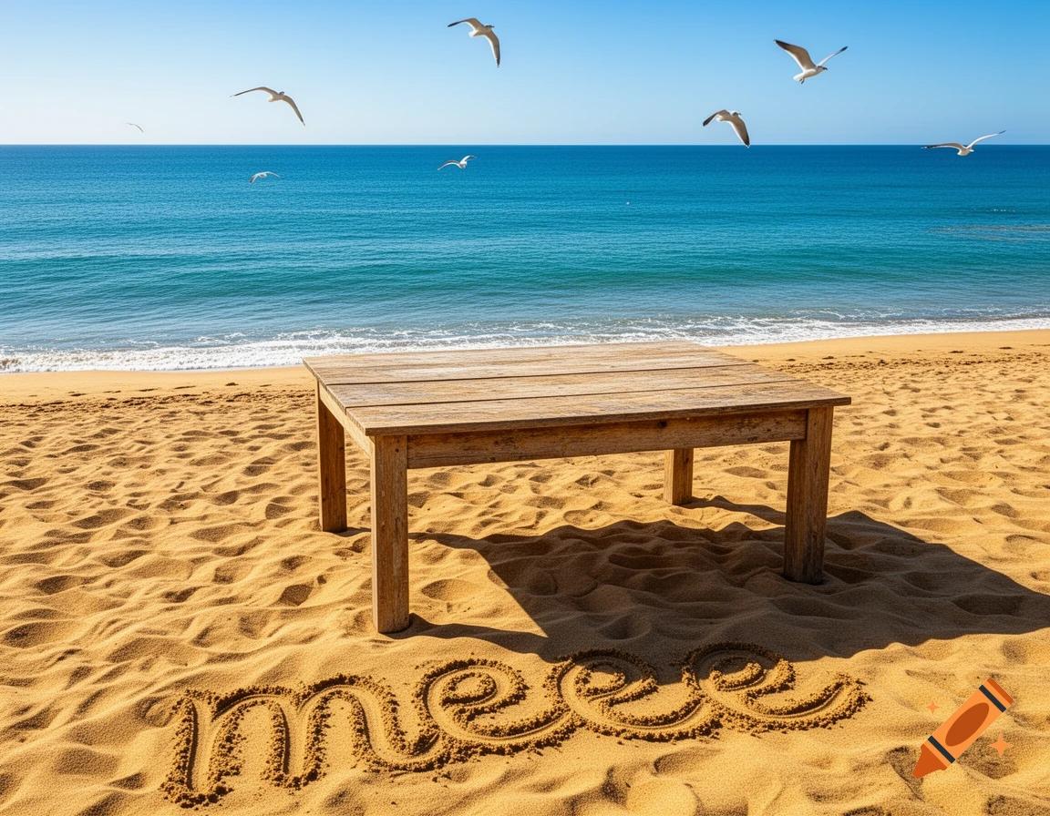 A photorealistic image of a wooden table on a sandy beach with the word 'meee' written in the sand. Seagulls fly over the blue ocean.