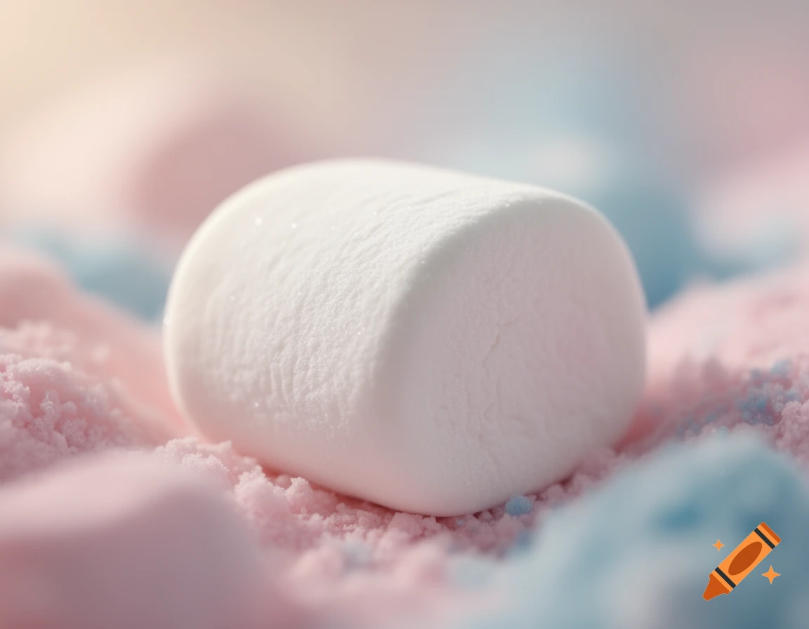 Close-up of a fluffy white marshmallow resting on a bed of pink and blue powdered sugar.