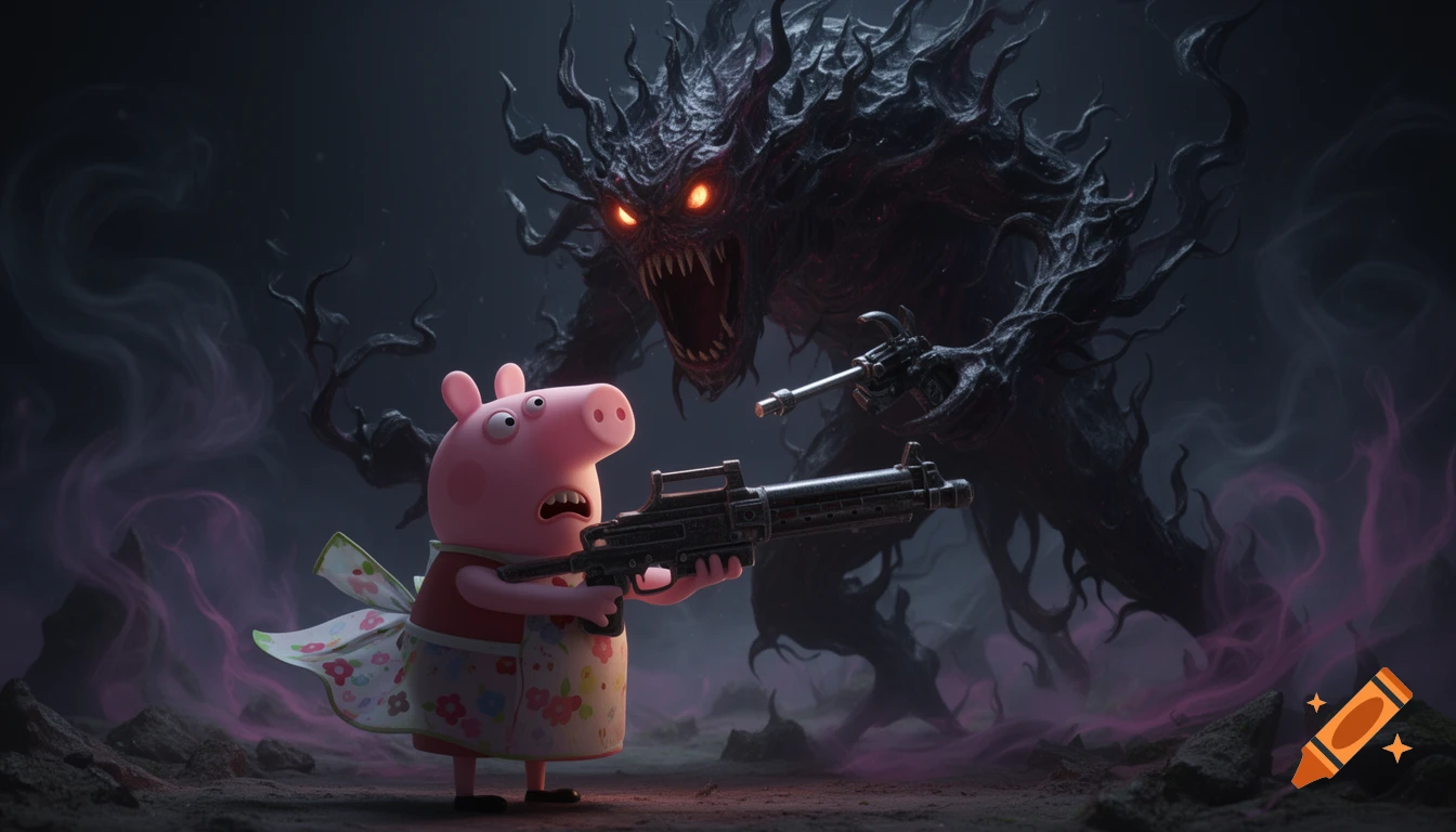 Scared Peppa Pig in an apron holds a large rifle, facing a terrifying, shadowy monster with glowing red eyes and a gun in a dark, smoky landscape.