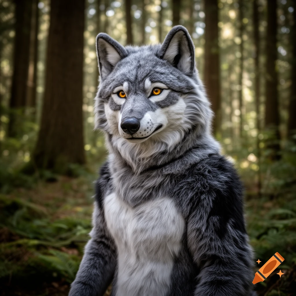 A photorealistic grey wolf fursuit with orange eyes stands in a sunlit forest.