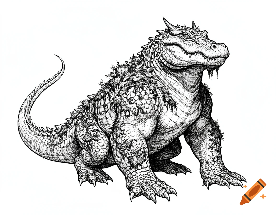 A black and white line art illustration of a muscular, alligator-headed dragon with textured scales and moss, on a white background.