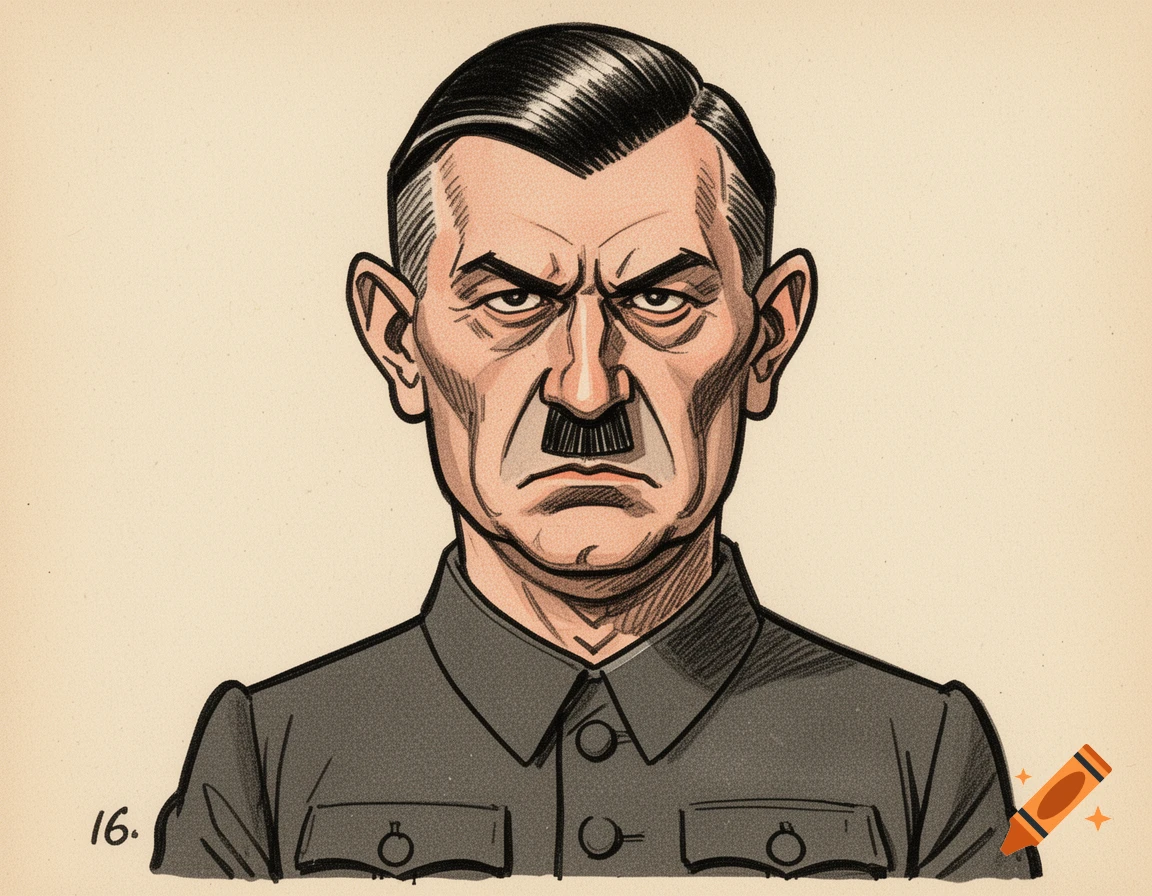 Satirical caricature of Adolf Hitler with a grim expression, wearing a dark military-style jacket, rendered in a comic style.