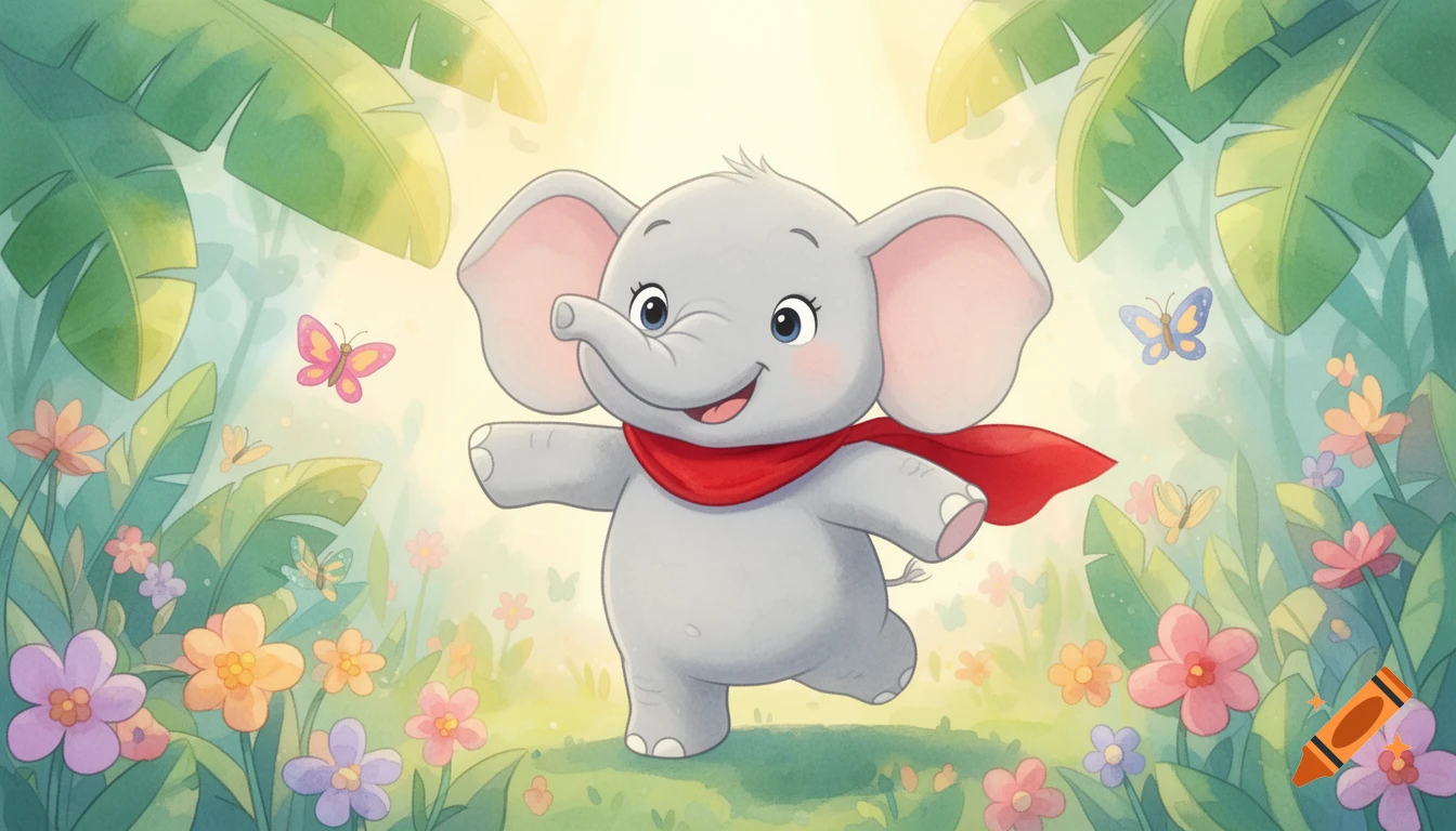 A cute, smiling baby elephant wearing a red scarf runs through a vibrant jungle garden filled with colorful flowers and butterflies. Cartoon style.