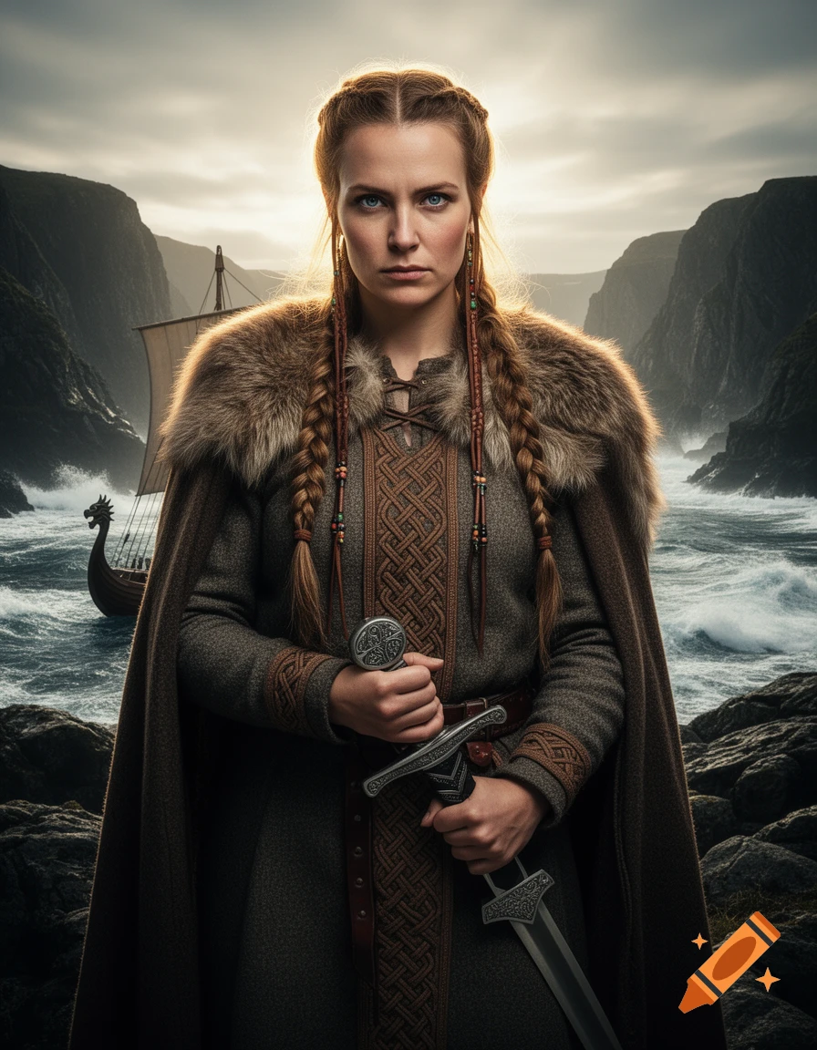A stern Viking woman with braided red hair, dressed in fur and brown clothing, holds a sword by a stormy sea with a longship in the background.