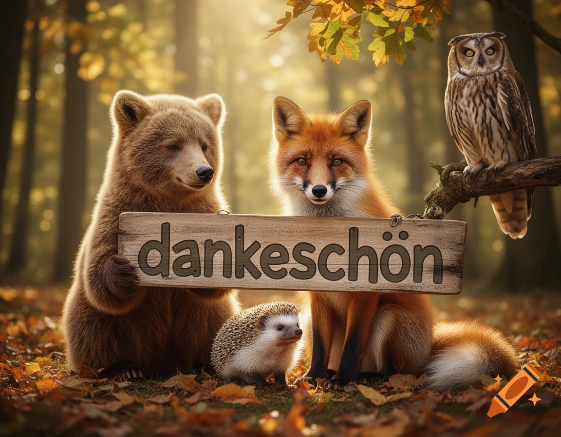A cute bear, fox, and hedgehog hold a 'dankeschön' sign in an autumn forest with an owl on a branch.