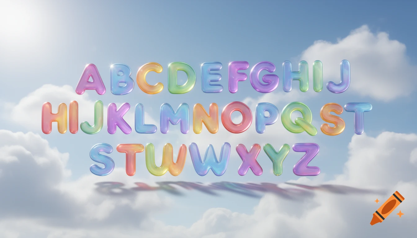 Colorful, glossy bubble letters of the complete alphabet float against a bright blue sky with white clouds.