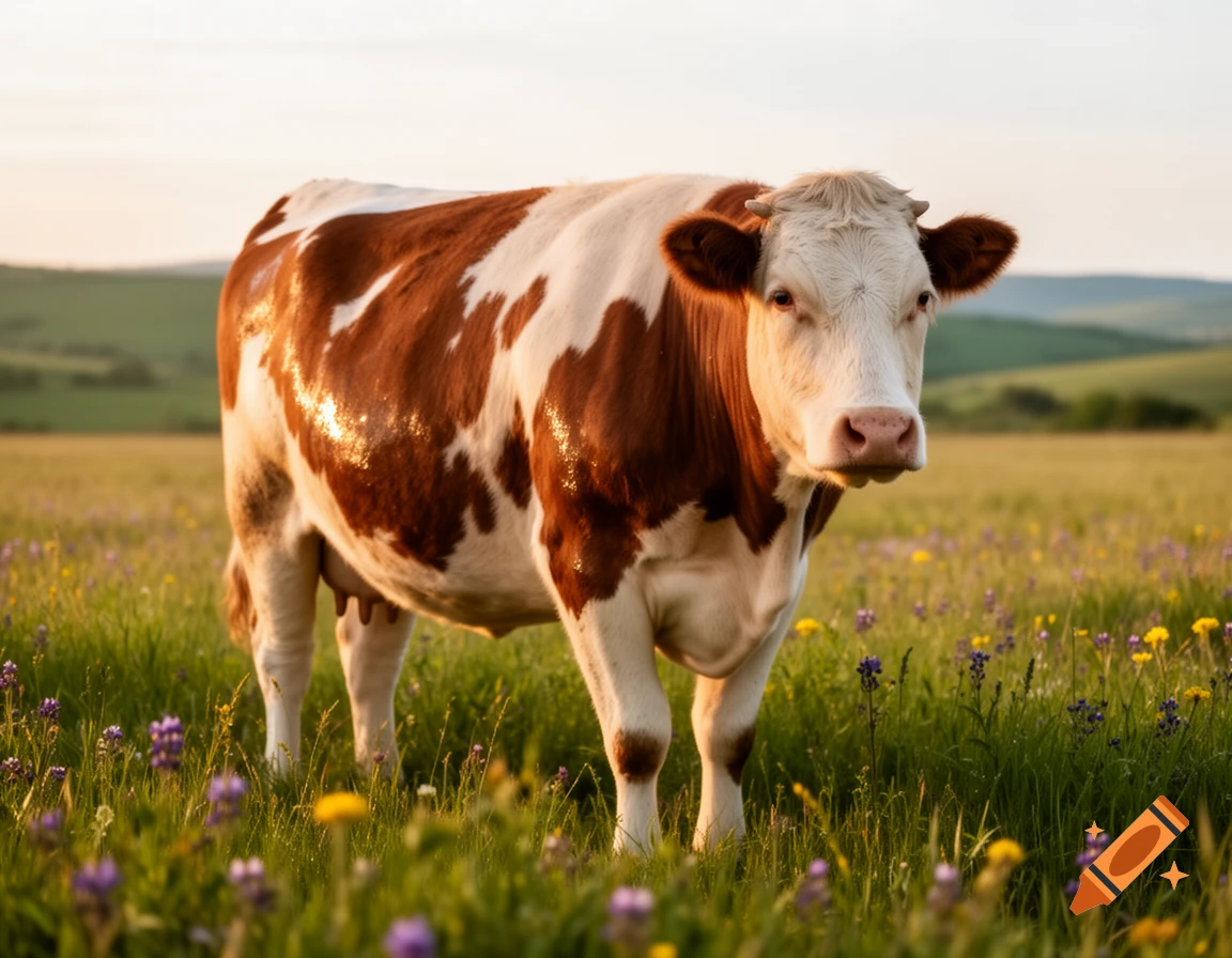A brown and white cow stands in a sunlit grassy field with various wildflowers.