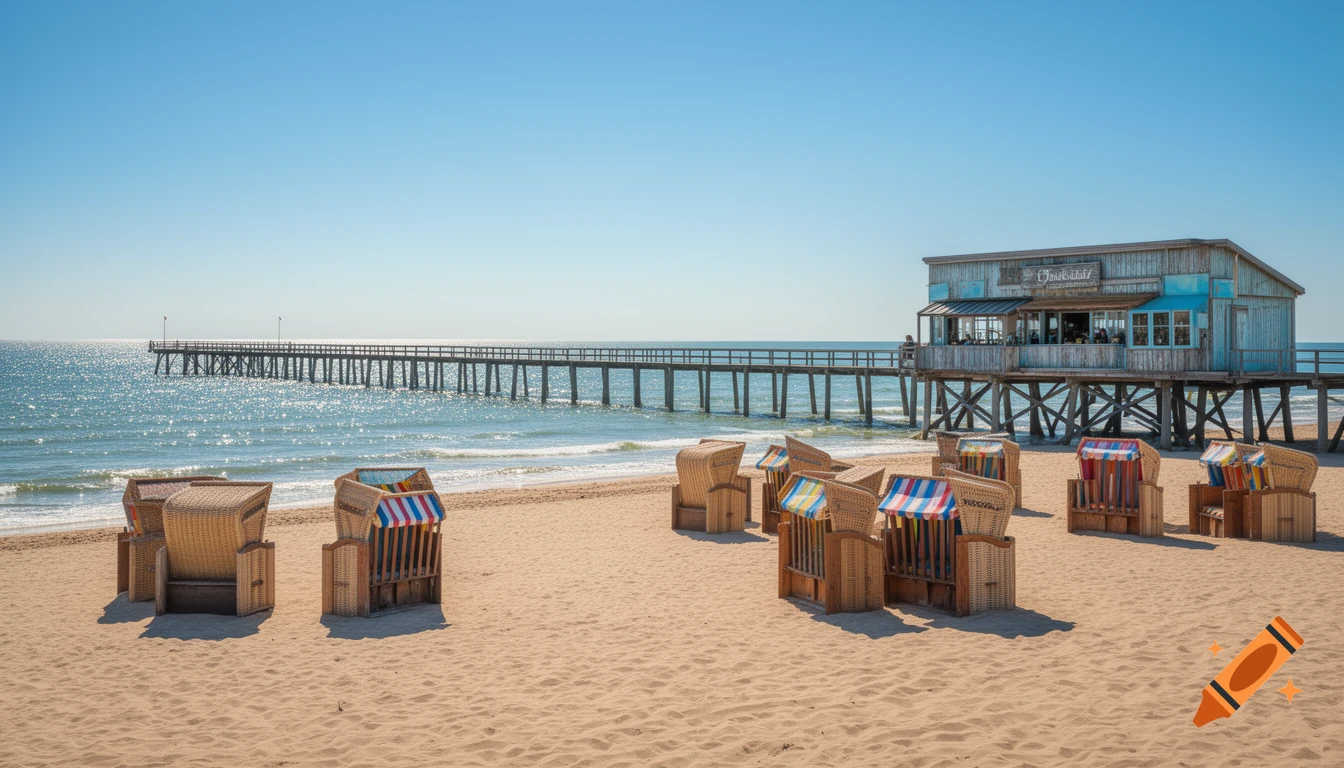 A sunny sand beach with several traditional wicker beach chairs. A long wooden pier extends into the sparkling blue ocean, leading to a quaint blue wooden restaurant building.