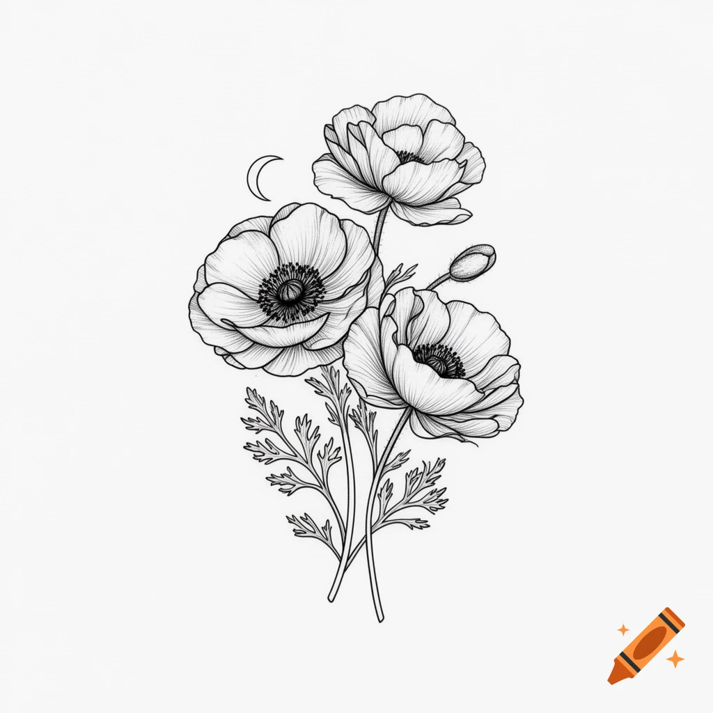 Delicate black and white fine line drawing of three flowers and a crescent moon.