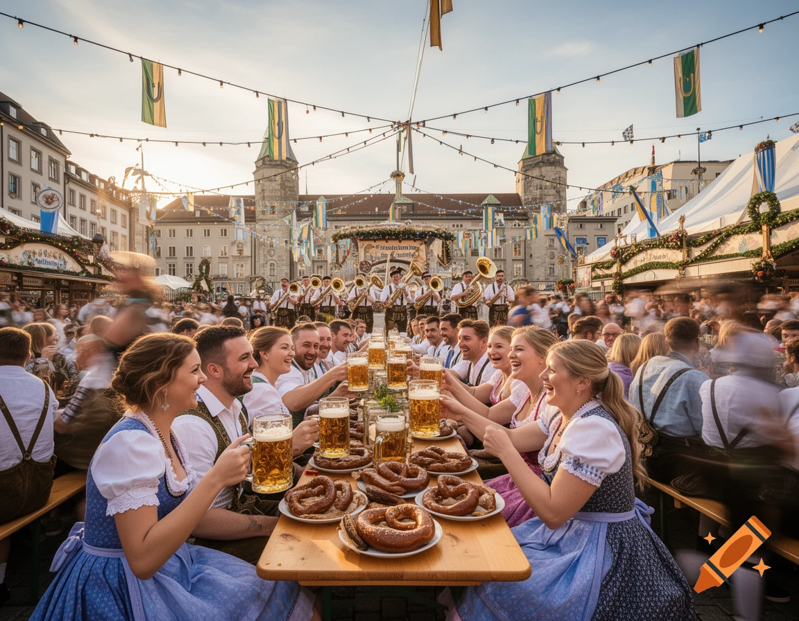 People in traditional Bavarian attire clink beer mugs and eat pretzels at a long table during a lively outdoor Oktoberfest festival.
