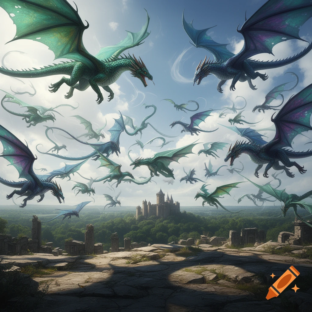 A horde of green and blue dragons with large wings flies over a medieval castle and a forested landscape under a blue sky.