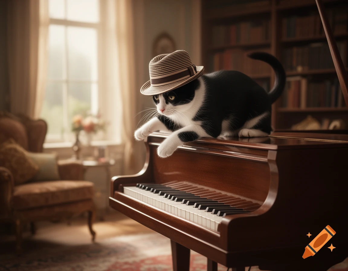 A black and white tuxedo cat wearing a striped fedora sits on a grand piano in an elegant room.