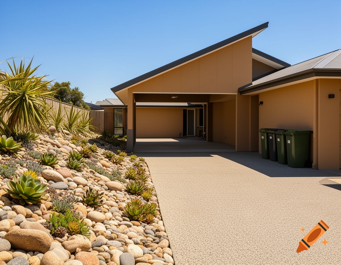 A modern house with a carport, a textured driveway, and a rock garden with succulents and large stones under a clear blue sky.