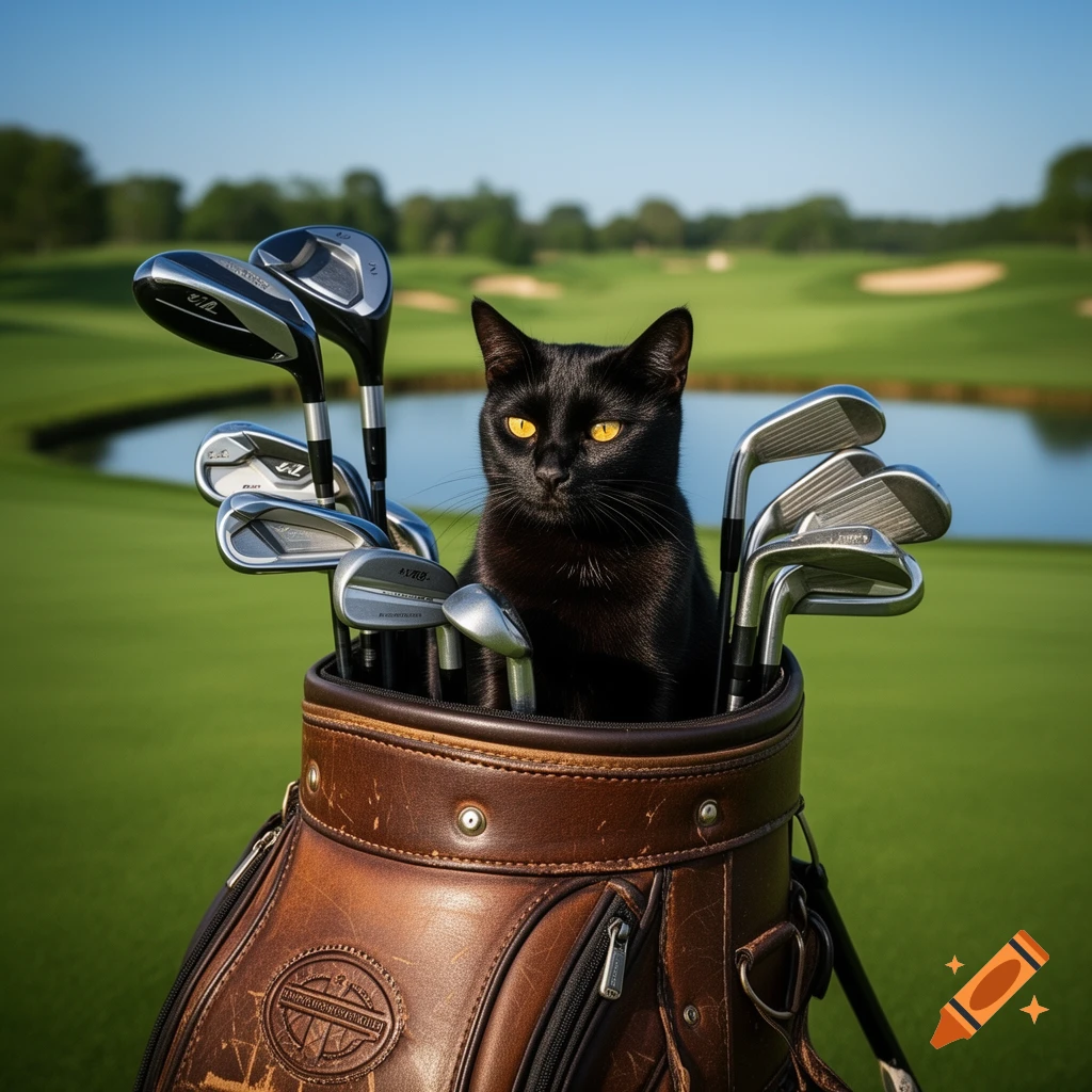A black cat with bright yellow eyes peeks out from a brown leather golf bag filled with clubs, set on a green golf course with a water hazard in the background under a blue sky.