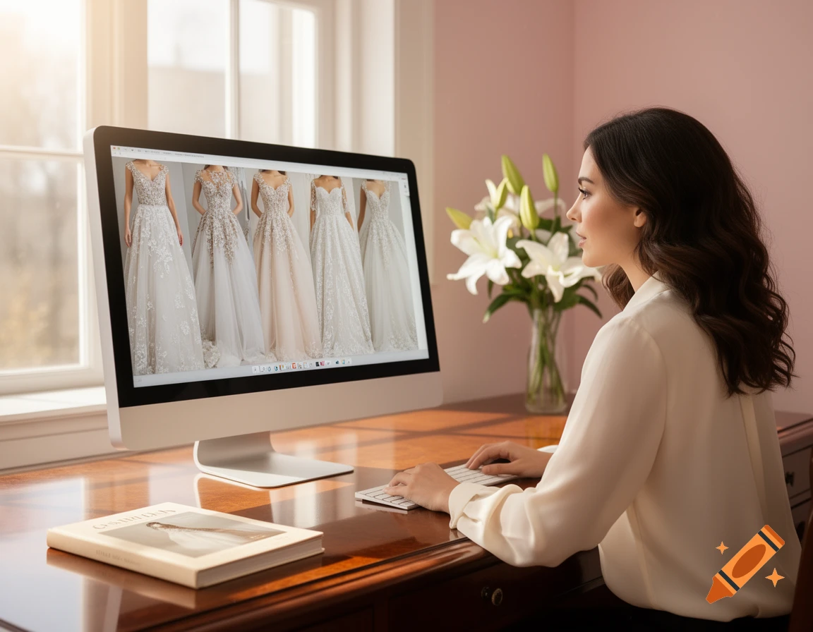 A woman in a white blouse sits at a desk, viewing several wedding dresses on a desktop computer screen. White lilies are in a vase beside the monitor.