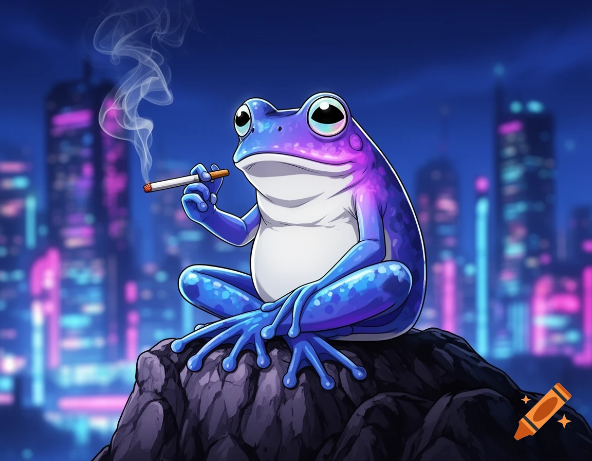 A stylized blue-violet frog sits on a rock, smoking a cigarette, with a neon-lit city skyline in the background at night.