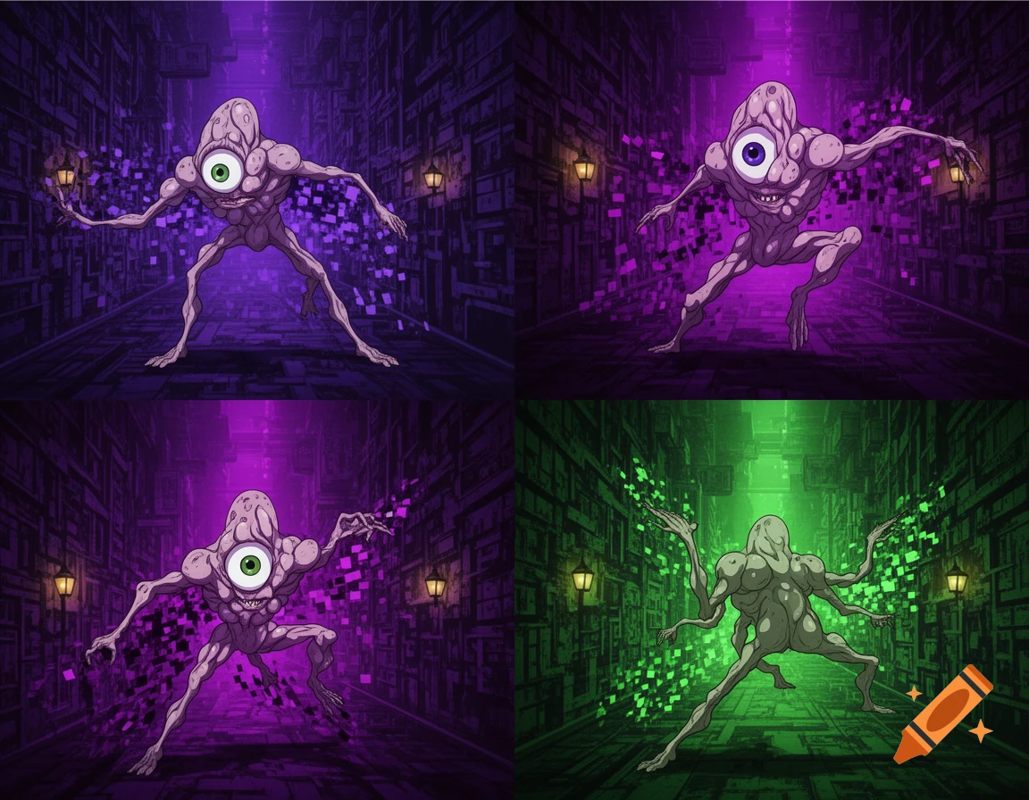 A 2x2 grid shows four variations of a single-eyed, fleshy, alien-like creature with pixelated distortion, in dark corridors lit by purple and green light.
