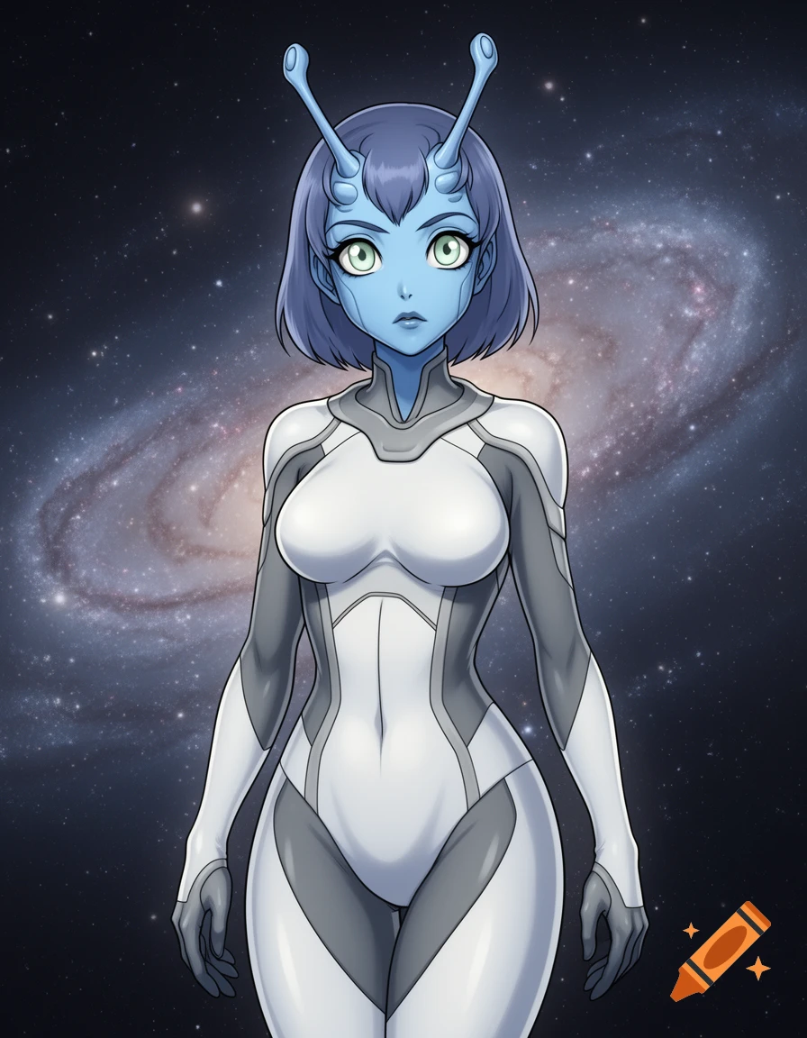 A cel-shaded anime alien woman with steel blue skin and antennae in a white and grey spacesuit, standing before a galaxy.