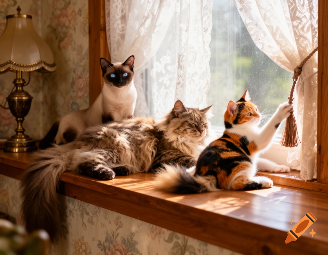 Three cats, a Siamese, a fluffy tabby, and a calico, on a sunlit window sill with lace curtains.