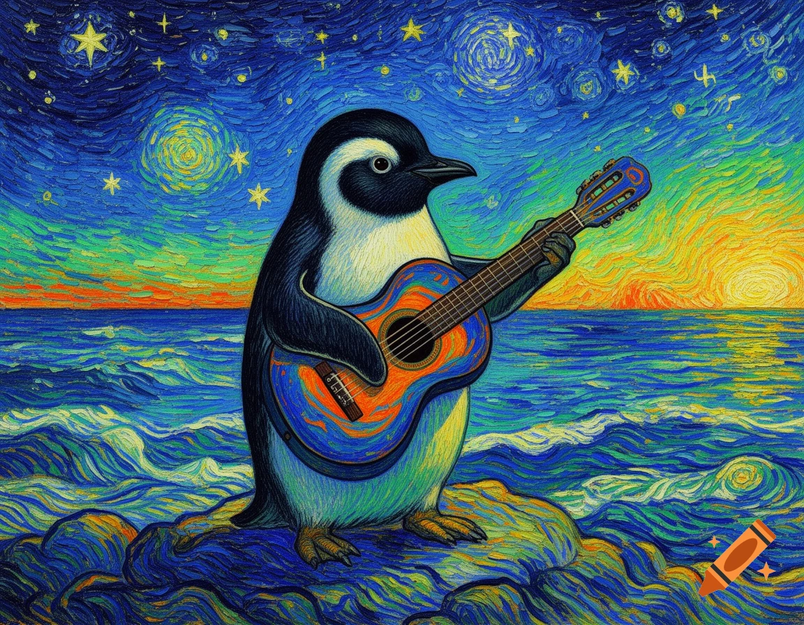 A penguin plays a guitar by the ocean under a starry sky, rendered in the colorful, swirling style of Van Gogh.