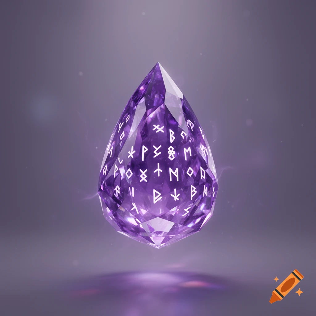 A glowing purple, faceted, tear-drop shaped gem with white glowing runes engraved on its surface, floating against a soft purple background.