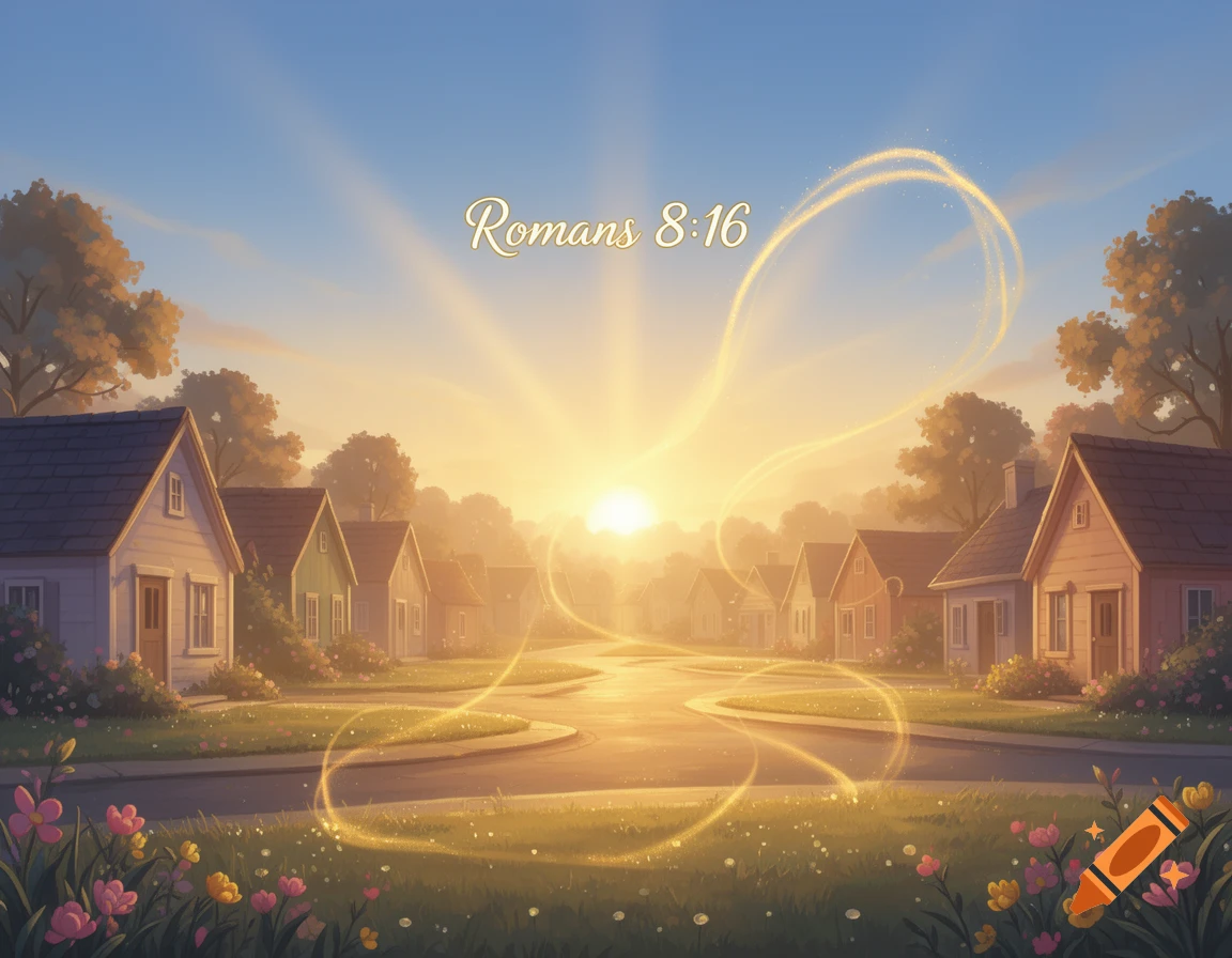 Illustrative golden sunrise over a peaceful neighborhood street with houses and flowers, glowing light, and 'Romans 8:16' text.