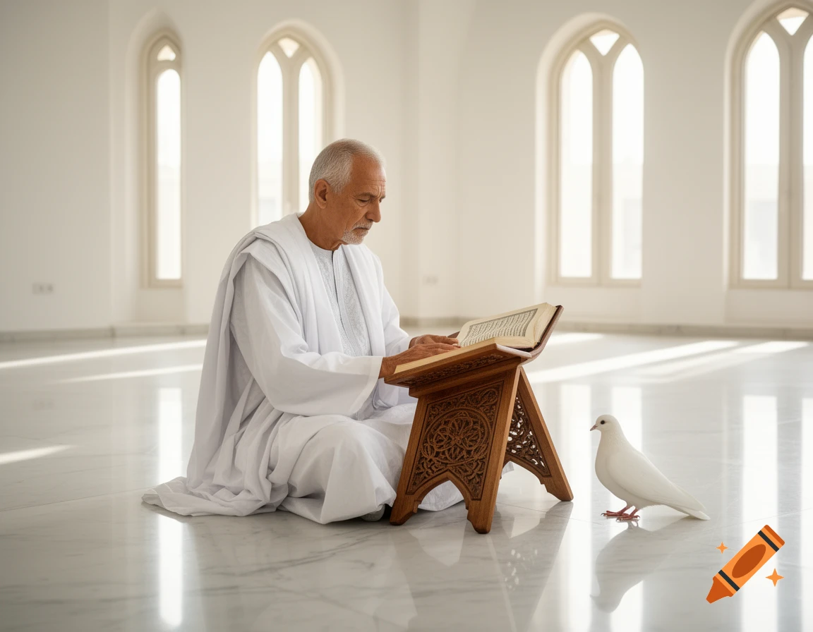 Elderly man in white robes reading a book on a wooden stand in a bright, white room with arched windows, a white dove nearby. Photorealistic.