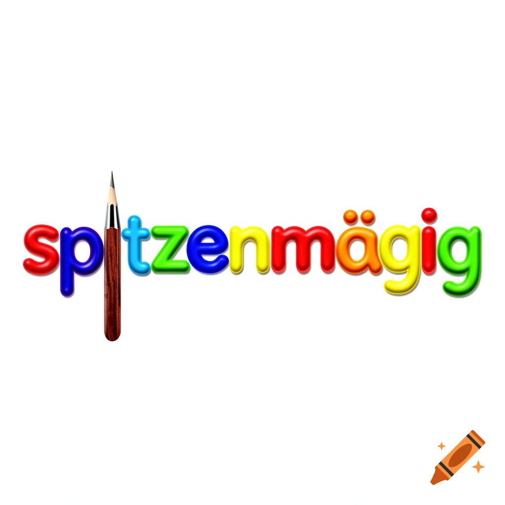 The German word "spitzenmäßig" written in colorful, glossy 3D letters on a white background, with a brown pencil replacing the first 'i'.
