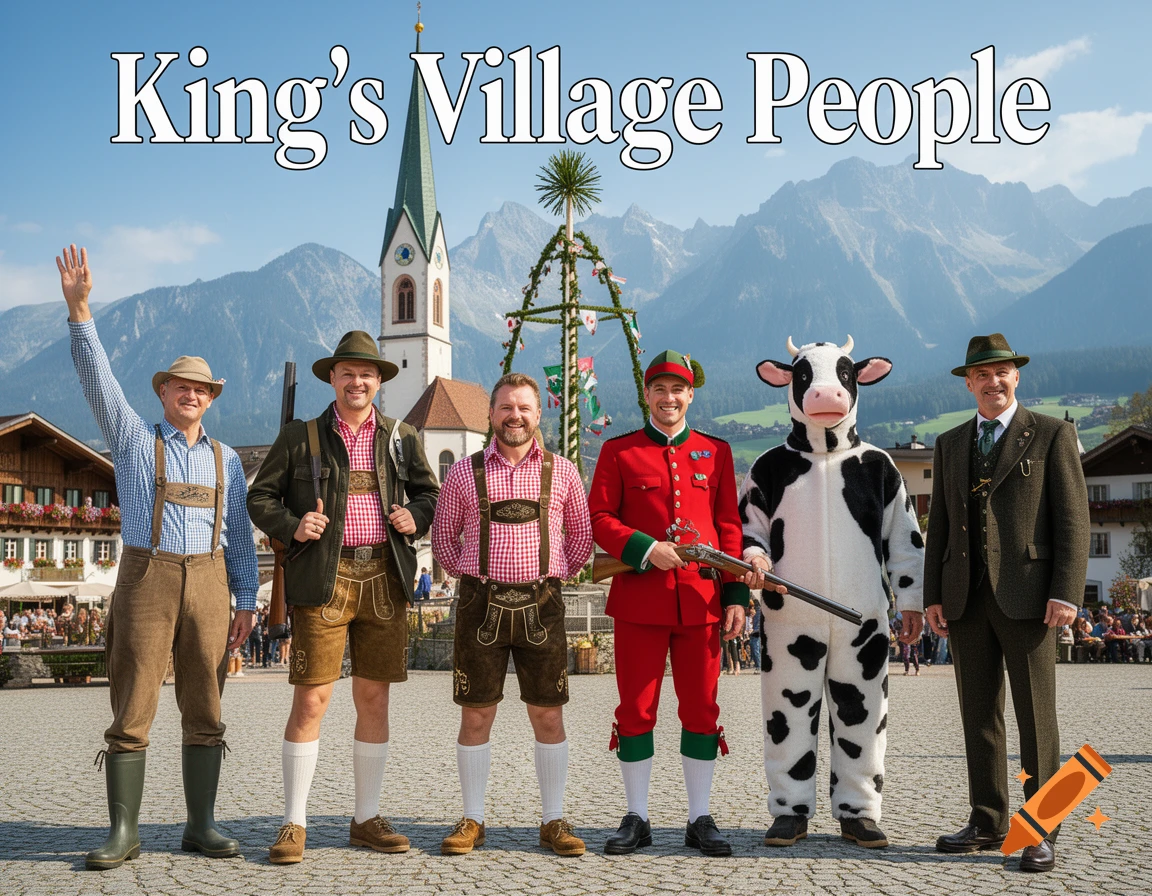 Six men in traditional Bavarian and cow costumes pose in an Alpine village square with a church and mountains under the text 'King's Village People'.