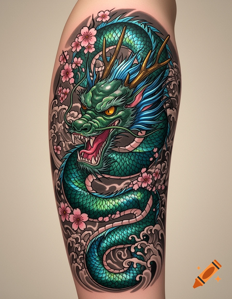 Vibrant green and blue Japanese-style dragon tattoo with pink cherry blossoms and grey waves on a limb.