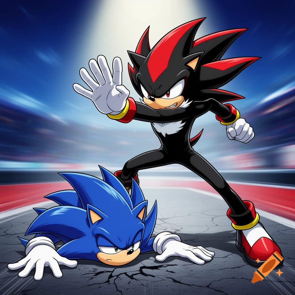 Shadow the Hedgehog stands over a defeated Sonic the Hedgehog on cracked ground, preparing a palm strike, in anime style.