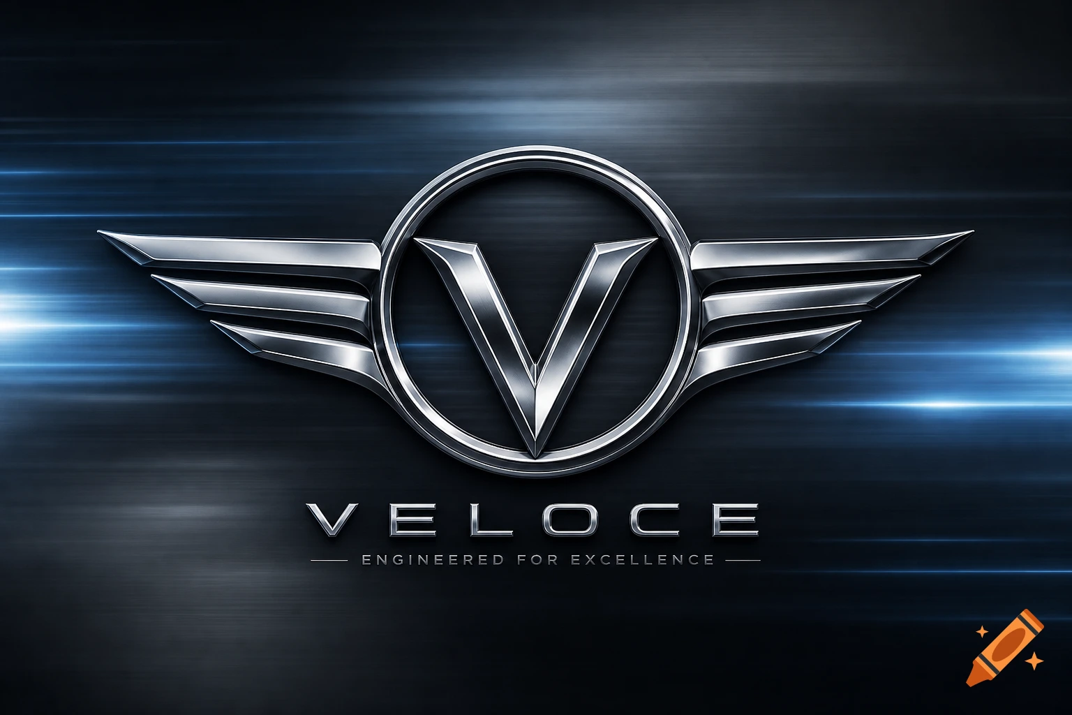 Metallic winged V logo with 'VELOCE' and 'ENGINEERED FOR EXCELLENCE' text on a dark, reflective background.