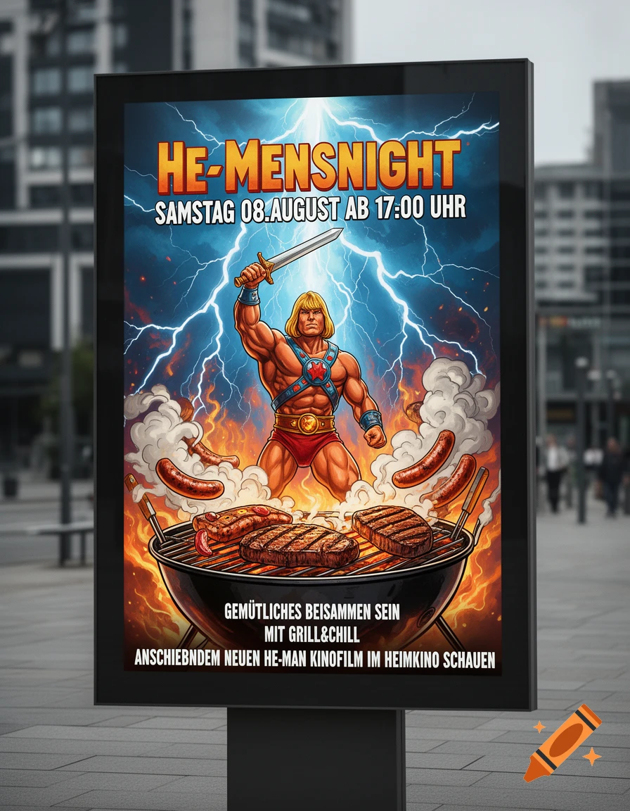 A vibrant He-Man poster on a city billboard advertising 'He-Mensnight' with grilling and a new He-Man movie. He-Man stands holding his sword over a grill with steaks and sausages, surrounded by lightning and smoke. The background is a blurred cityscape.
