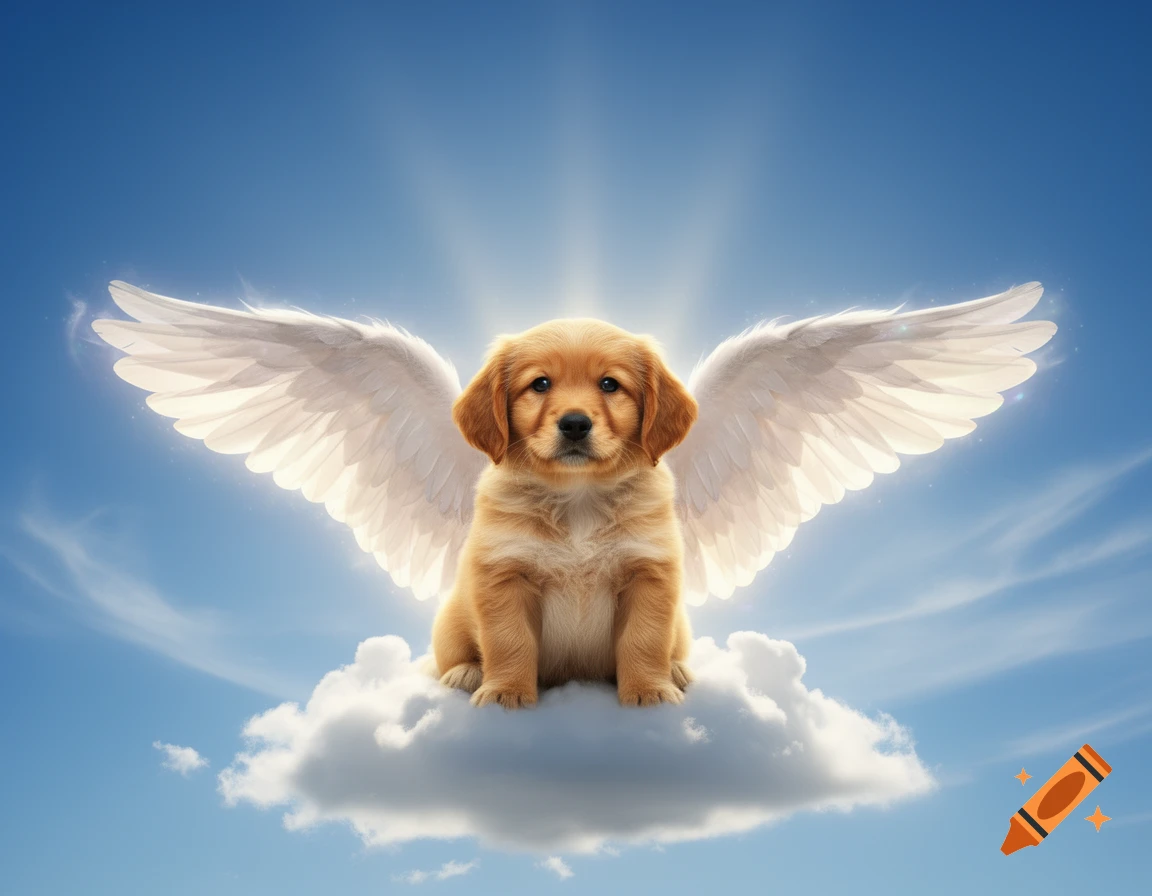 A fluffy golden retriever puppy with white angel wings sits on a soft cloud in a bright blue sky.