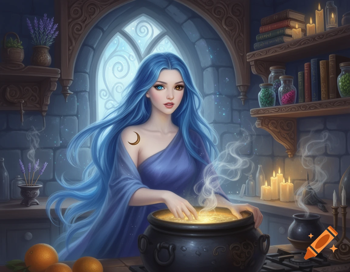 A fantasy illustration of a blue-haired woman with heterochromia stirring a glowing cauldron in an enchanted stone kitchen.