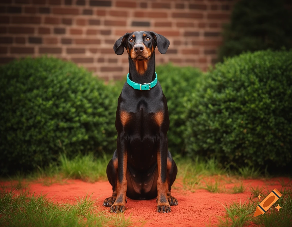A black and tan Doberman dog with a teal collar sits attentively on red soil with grass, a brick wall, and green bushes behind it.