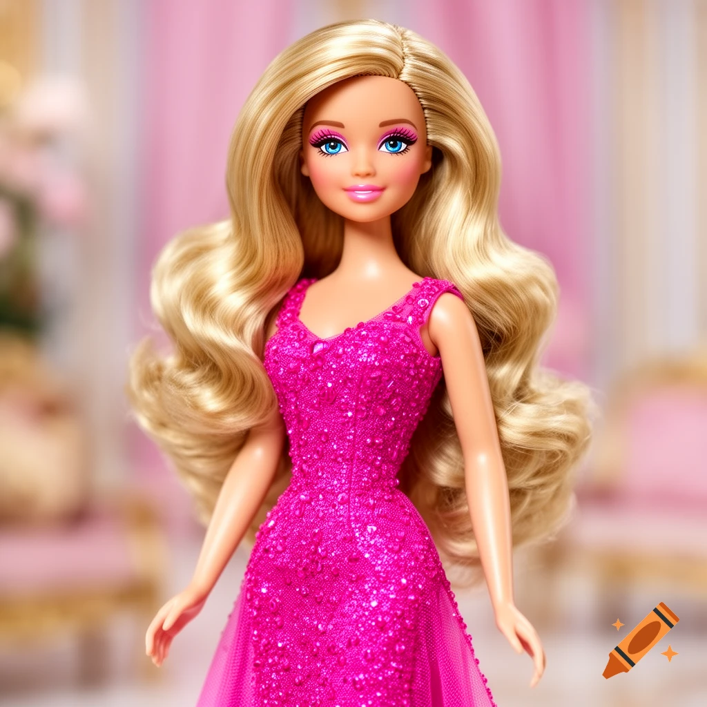 A photorealistic close-up of a Barbie doll with long blonde hair and blue eyes, wearing a sparkly fuchsia pink gown against a blurred elegant pink background.