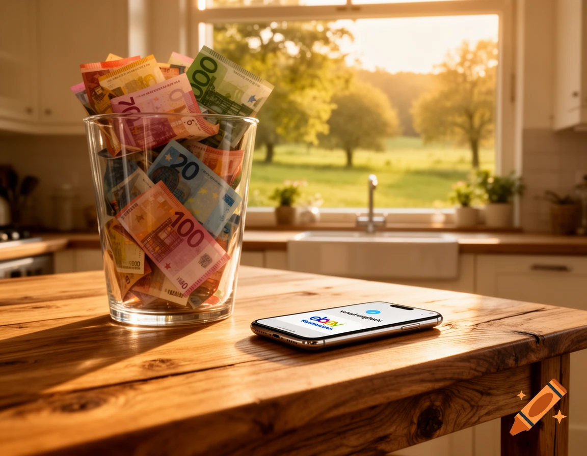 Photorealistic kitchen scene with a glass full of Euro banknotes and a smartphone displaying an "eBay Kleinanzeigen" logo and "Verkauf erfolgreich!" notification, on a wooden table. A window shows a sunny green landscape.