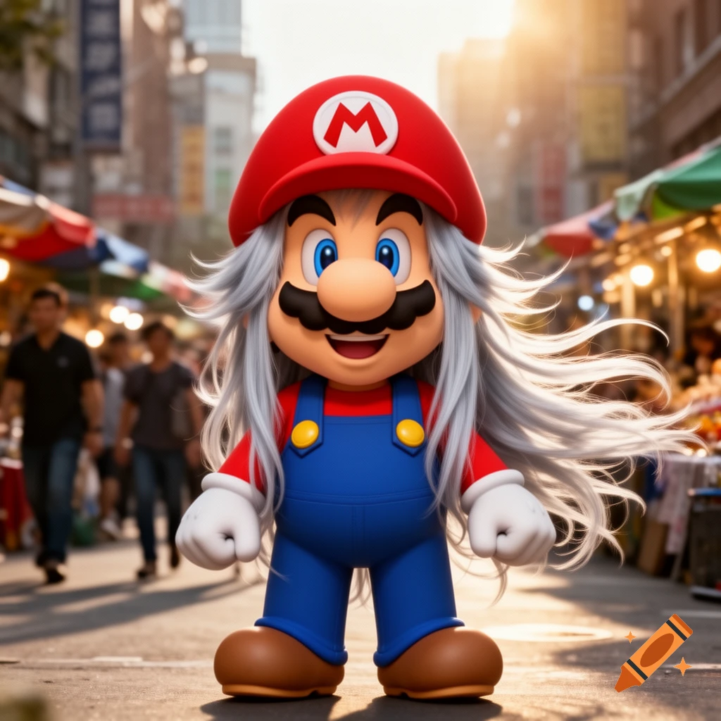 Mario, with long flowing gray hair and his iconic red cap, stands smiling in a bustling street market at sunset, photorealistic.