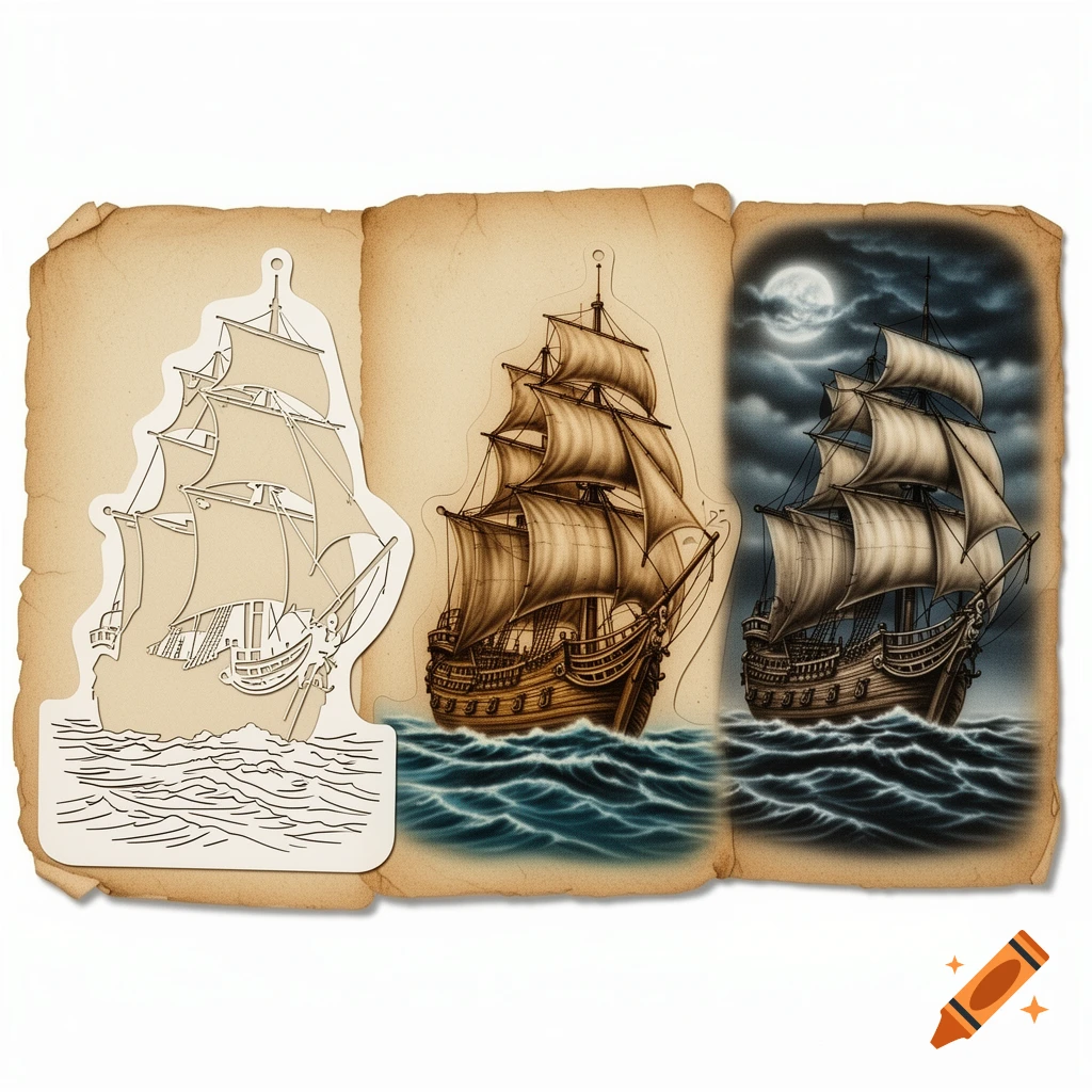 Three stages of a pirate ship illustration on aged paper: a stencil outline, a colored daytime scene, and a moonlit night scene.