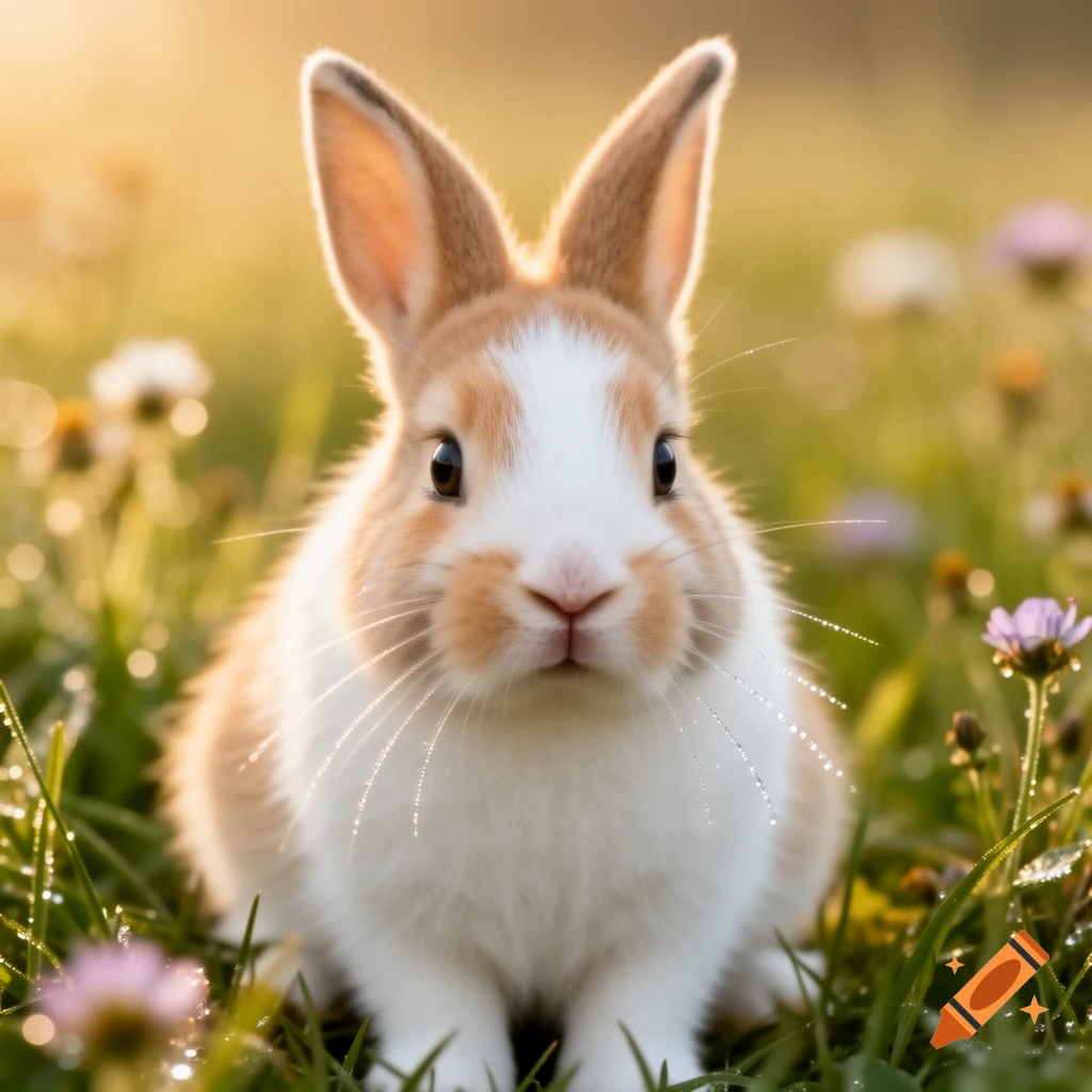 A fluffy white and brown bunny sits in dewy green grass with small flowers, illuminated by warm sunlight.