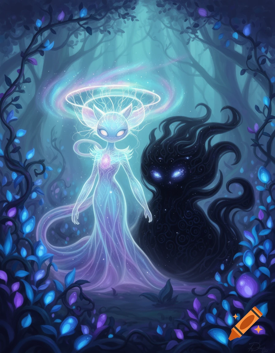 A glowing ethereal cat-like creature with a light halo stands beside a shadowy monster with starry eyes in a mystical forest of glowing blue and purple plants, digital art.