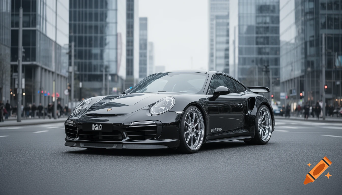 A photorealistic black Porsche 911 Turbo S with chrome wheels on a city street, modern buildings in the background.